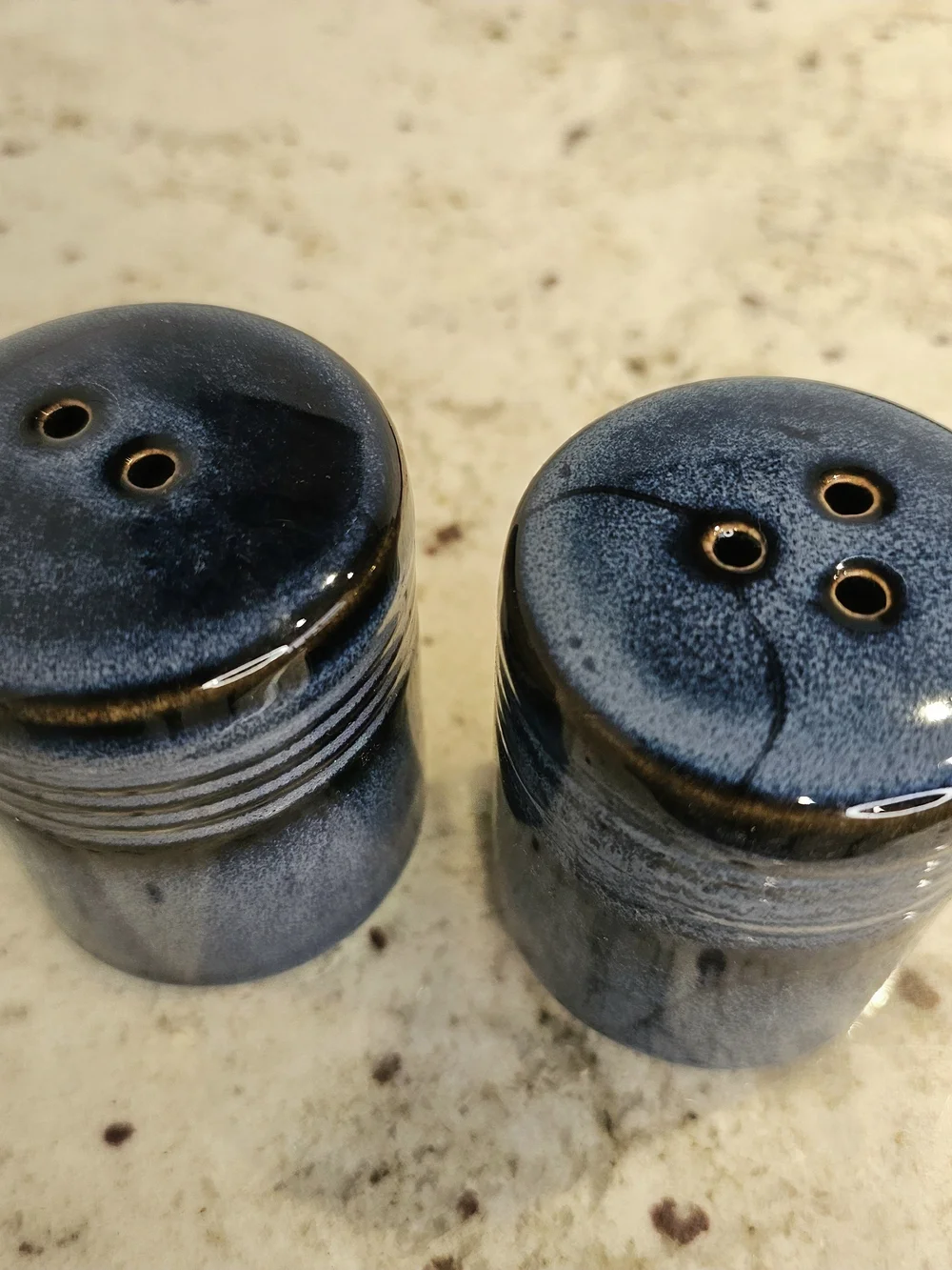 Set Of Dark Blue Glazed Ceramic Salt And Pepper THL Blue Drip Glaze Farmhouse